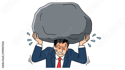 Exhausted businessman in a suit struggling to carry a massive heavy rock on his back under extreme work pressure.