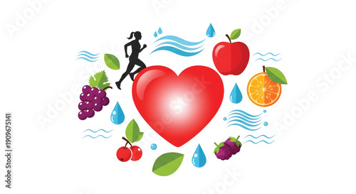 Healthy Lifestyle Illustration Featuring a Runner and Fresh Fruits Surrounding a Heart Symbol