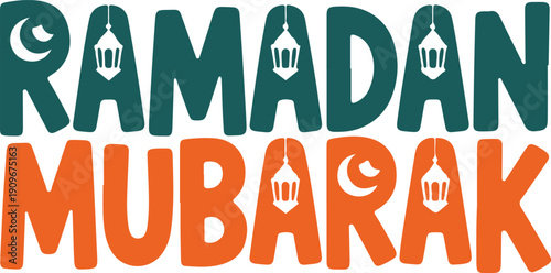 Ramadan Mubarak greeting text with lanterns and crescent moon icons