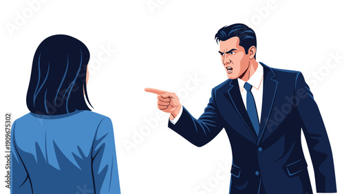 Angry businessman in a dark suit pointing his finger and shouting aggressively at a female colleague in an office.