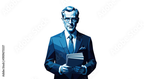 Abstract illustration of a businessman in a suit with glasses, holding a book. Image is isolated on white. Ideal for financial services, education, technology or law concepts.