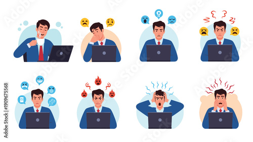 Young businessman in a blue suit displays eight different emotions from frustration to anger while working on his laptop.