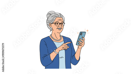 Smiling elderly woman with gray hair wears glasses and a pearl necklace while happily using a modern blue smartphone.