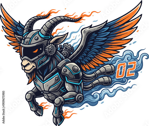 Armored Cyborg Goat Mascot Flying with Fire and Smoke