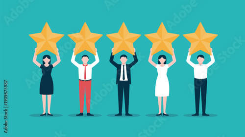 business team holding golden stars above heads celebrating success achievement and excellence flat vector illustration