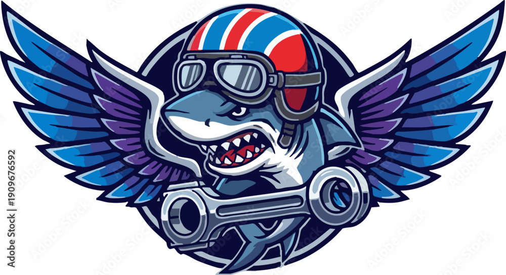 Fototapeta premium Aggressive racing shark mascot holding piston with wings graphic logo.