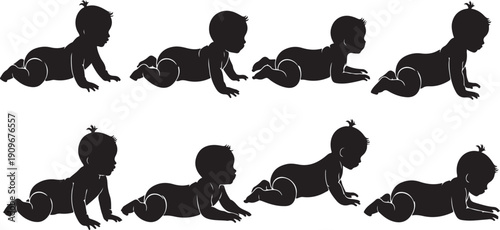 Baby crawling silhouettes in various positions and movements slowly
