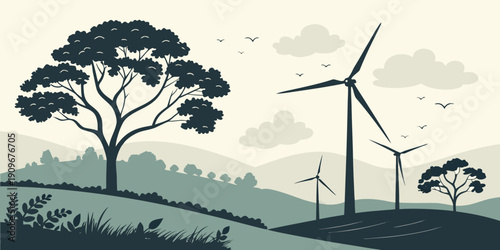 A serene landscape featuring trees and wind turbines under a cloudy sky.