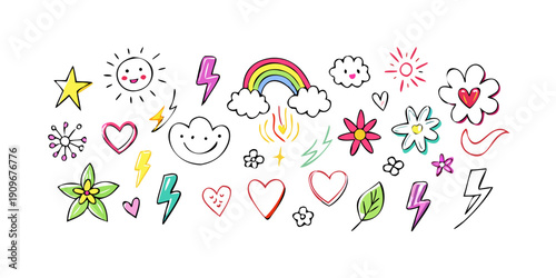 Assorted colorful stickers featuring hearts, stars, and rainbows on a white background