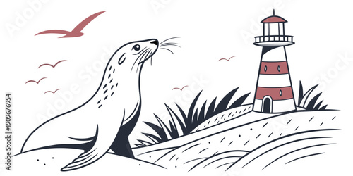 A playful seal on a rocky shore with a lighthouse in the background.