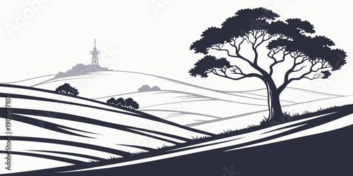 A serene landscape with a solitary tree and a distant hill under a clear sky