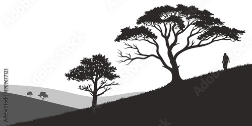 A silhouette of a person walking towards three trees on a hill at sunset.