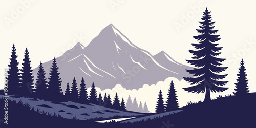 Majestic mountain range with dense forest and towering pine trees