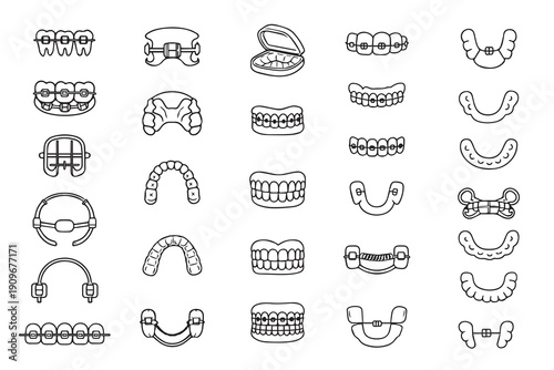 A set  dental appliance icons in vector format, depicting various braces, retainers, and dental instruments for orthodontic and dental treatment. Ideal for educational and professional use
