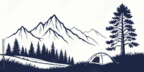 A serene campsite nestled in the heart of a majestic mountain range.