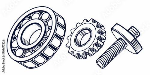 Assorted mechanical components including bearings, gears, and bolts.