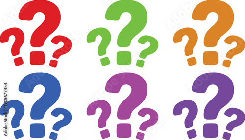 A colorful illustration of question marks in different colors on a white background