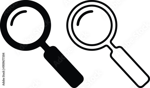 Two magnifying glasses are shown on a white background, one filled and one outlined.