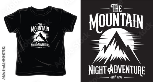 The mountain night adventure t-shirt design featuring a detailed mountain range under a large moon, vector graphic