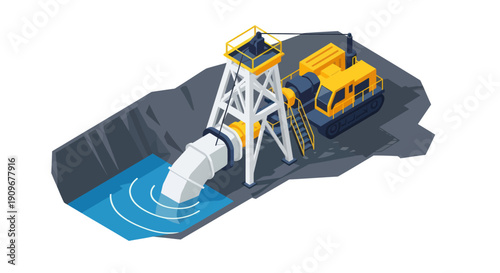 Dredging Operation with Excavator and Pipeline.