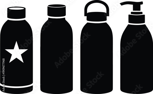 Set of black reusable water bottle silhouettes and thermos flask icons with sports cap and pump dispenser isolated on white background