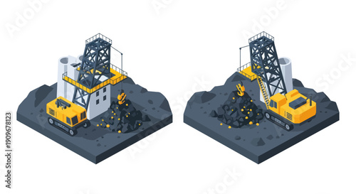 Isometric illustration of mining excavators on rocky terrain.