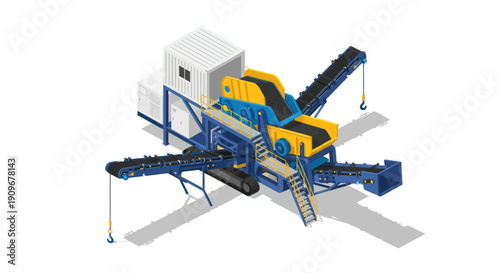 Industrial conveyor belt system with blue and yellow machinery components.