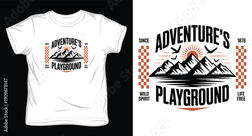 Adventure's playground vintage mountain landscape with birds and sun