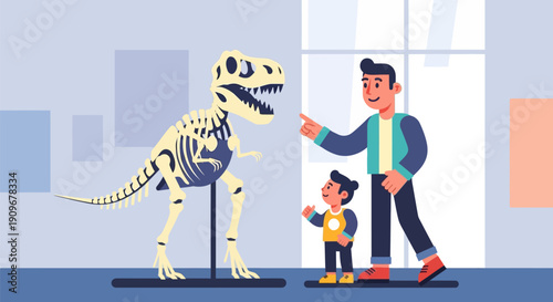 Father and son exploring dinosaur exhibit.