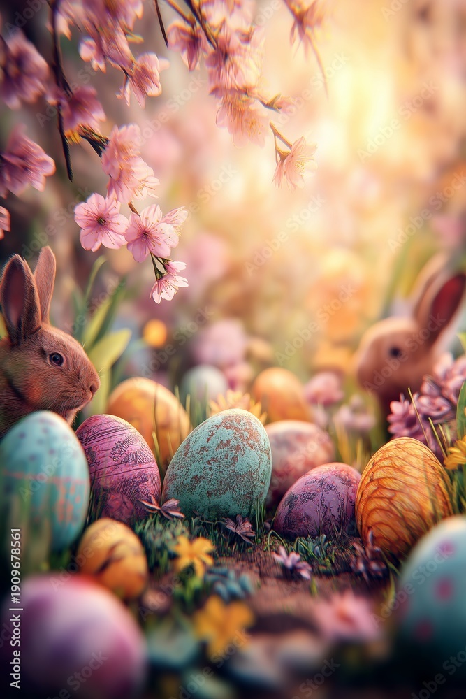 Obraz premium Little bunnies finding colorful Easter eggs in spring garden. Cute bunnies celebrating Easter surrounded by decorated eggs and blooming cherry blossoms