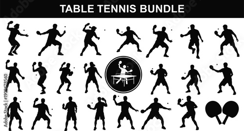 Table tennis player silhouettes bundle with ping pong paddles and action poses, black vector illustration collection isolated on white background