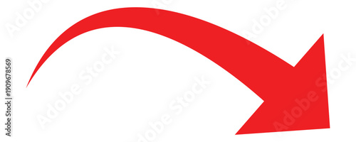 A downward curved arrow for user interface design. High-quality graphic for next step , Forward, or Swipe actions in mobile apps and websites.  Arrow isolated on white background. Vector illustration.