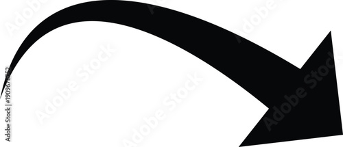 A simple black arrow curves downward and to the right, indicating direction or a downward trend. This arrow icon use for direction,  movement down, downfall , business loss , un success etc. EPS10