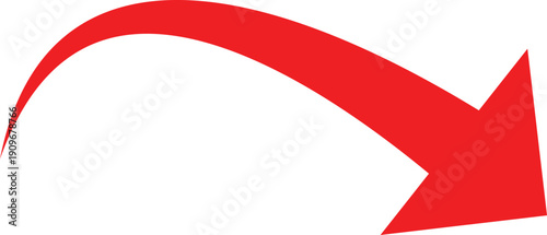 A downward curved arrow for user interface design. High-quality graphic for next step , Forward, or Swipe actions in mobile apps and websites.  Arrow isolated on white background. Vector illustration.
