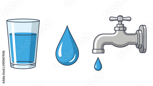 Illustration of water sources including a glass, droplet, and faucet