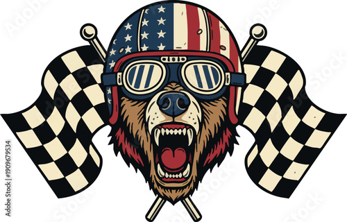 Roaring bear racer mascot with American flag helmet and checkered flags.