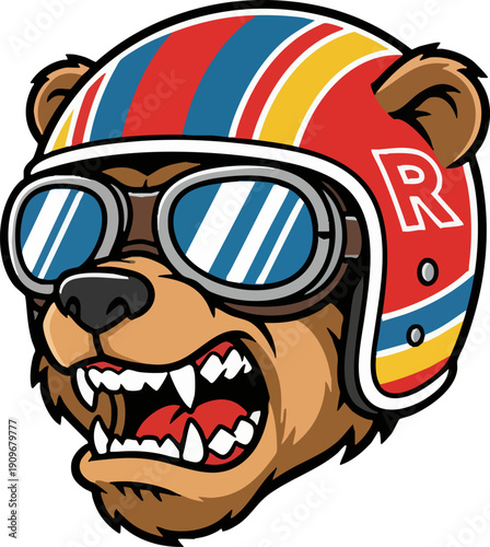 Roaring bear head mascot with retro racer helmet and goggles.