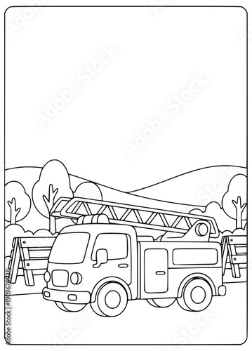 Firetruck coloring page for kids with a large ladder in a natural landscape