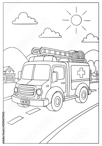 Firetruck coloring page for kids with ladder and hose on a sunny day road