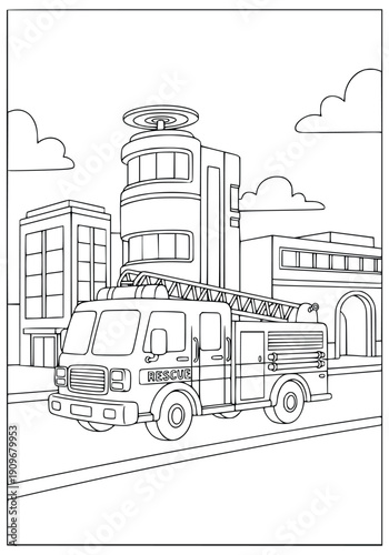 Firetruck coloring page for kids with a ladder driving past city buildings