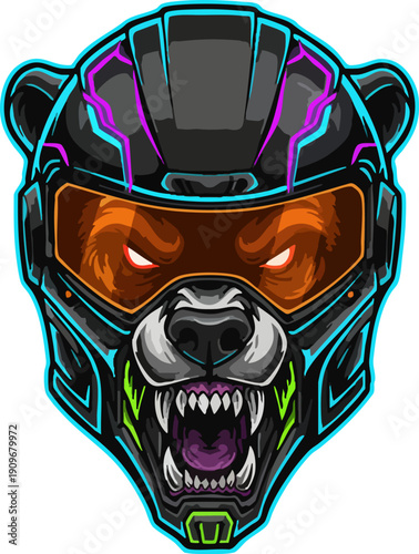 Futuristic Neon Bear Head Mascot for Esport or Gaming.