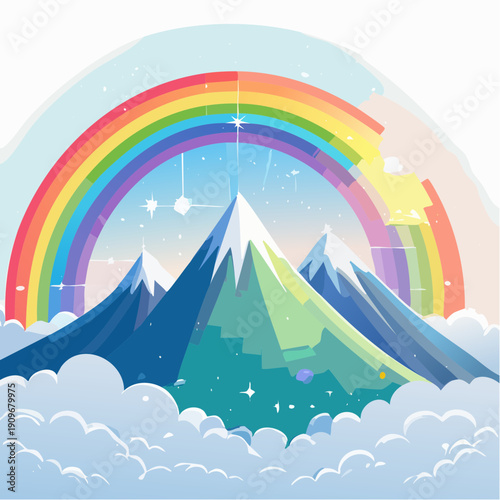 Dreamy mountain peaks soar above soft clouds, kissed by a radiant rainbow and sparkling stars, creating a whimsical and enchanting landscape illustration