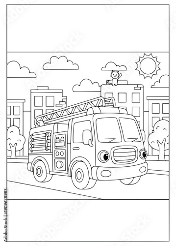  Firetruck coloring page for kids with a rescue helicopter flying over a city