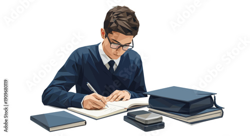 Low poly illustration of a young man studying, taking notes at his desk. Books and graduation cap included. Isolated on white background. Perfect for education and studying related concepts.