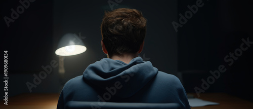 Wallpaper Mural Intense psychological moment individual in dark room dramatic lighting rear view Torontodigital.ca