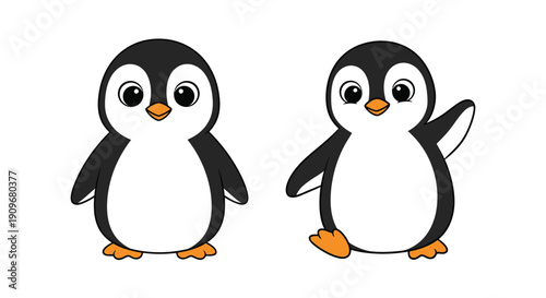 Two adorable cartoon penguins with simple black and white designs