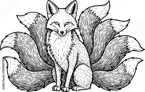 Mythological Nine-Tailed Fox Kitsune Line Art Drawing