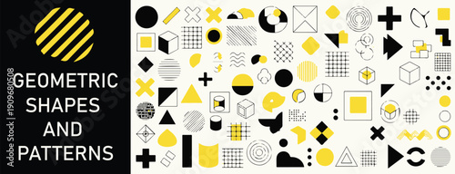 Geometric shapes and patterns collection with yellow and black elements on white background