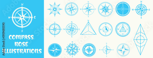Various Navigation Compass Illustrations Set for Cartography and Travel Guides