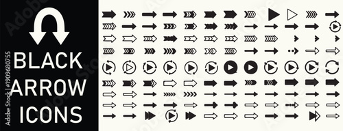 A collection of black arrow icons in various directions and styles on a white background.